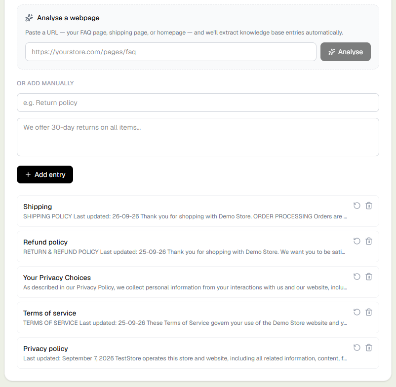 This store's actual Knowledge Base settings, with its real policies imported